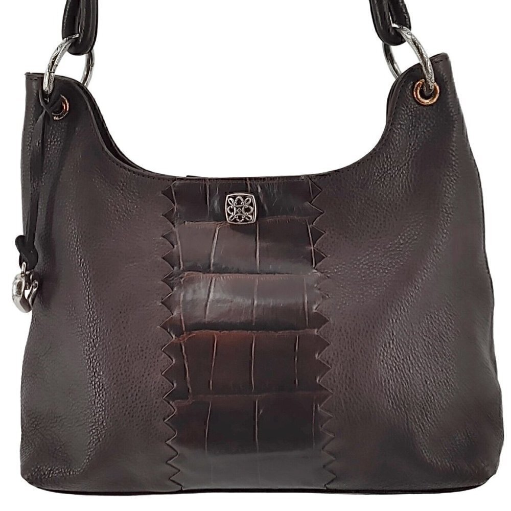 BRIGHTON Brown Pebble & Croco Embossed Leather Hobo Shoulder Bag Braided Strap